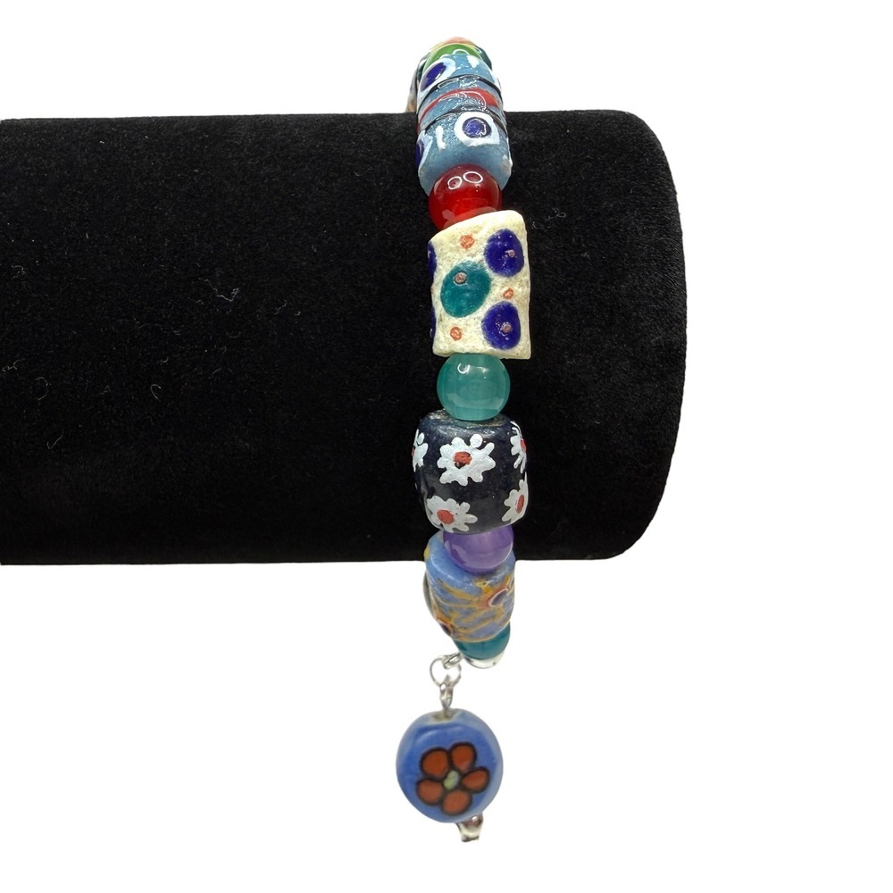 Millefiori Style African Glass Beaded Trade Charm Bracelet Stretch Band Jewelry